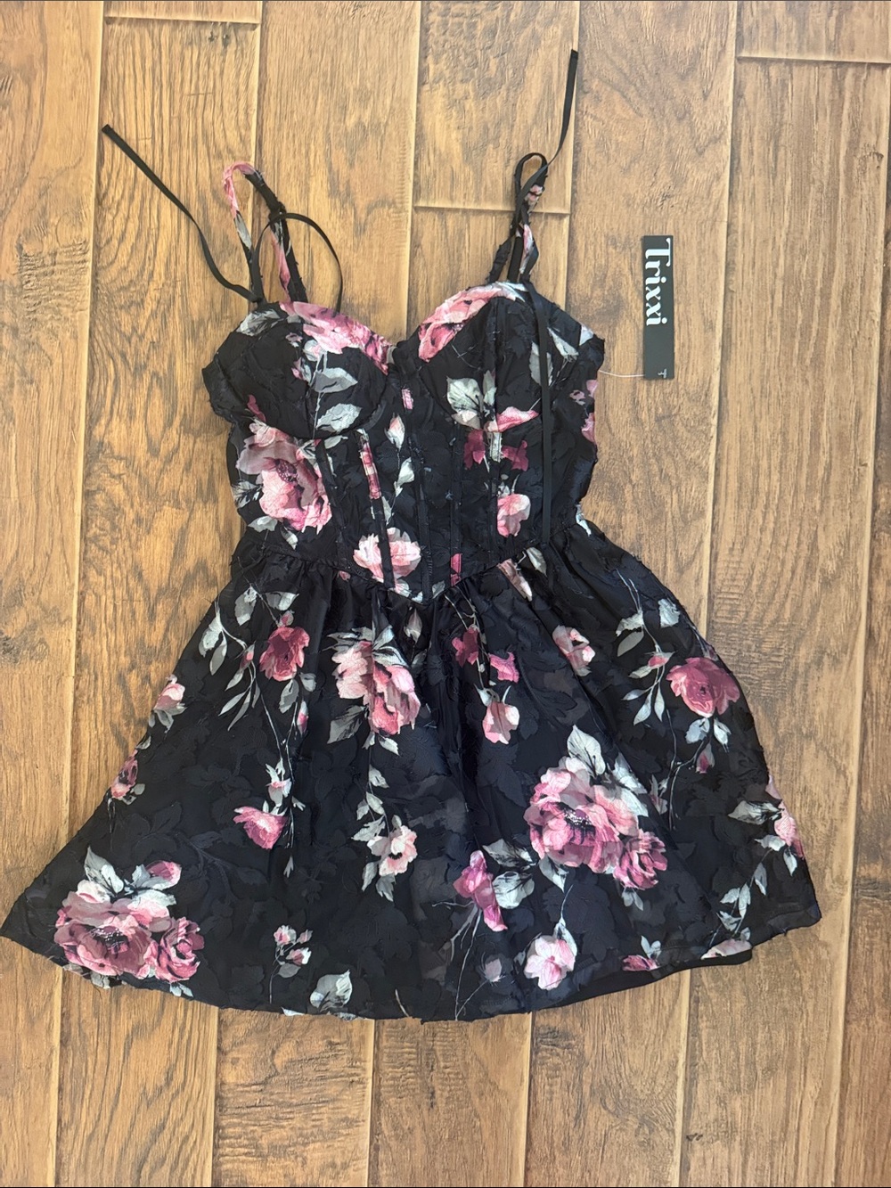Trixxi Black Dress with Pink Rose Floral Print